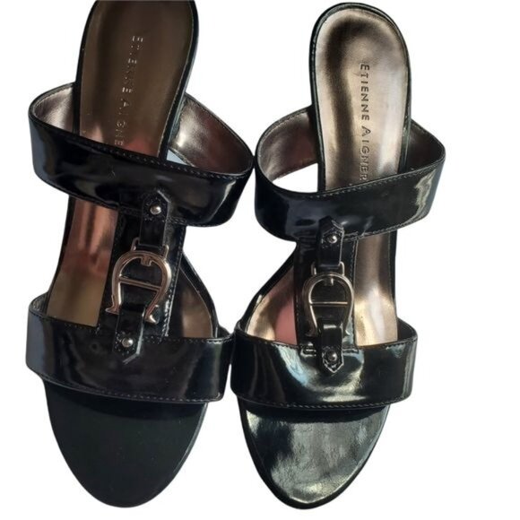 ETIENNE AIGER Womens Milo Heeled Sandal SZ 7M Black Horseshoe‎ Open Toe Straps - Picture 10 of 10